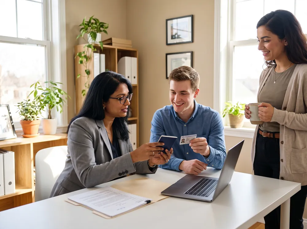 Notary reviewing a new employee's identity documents at an office desk