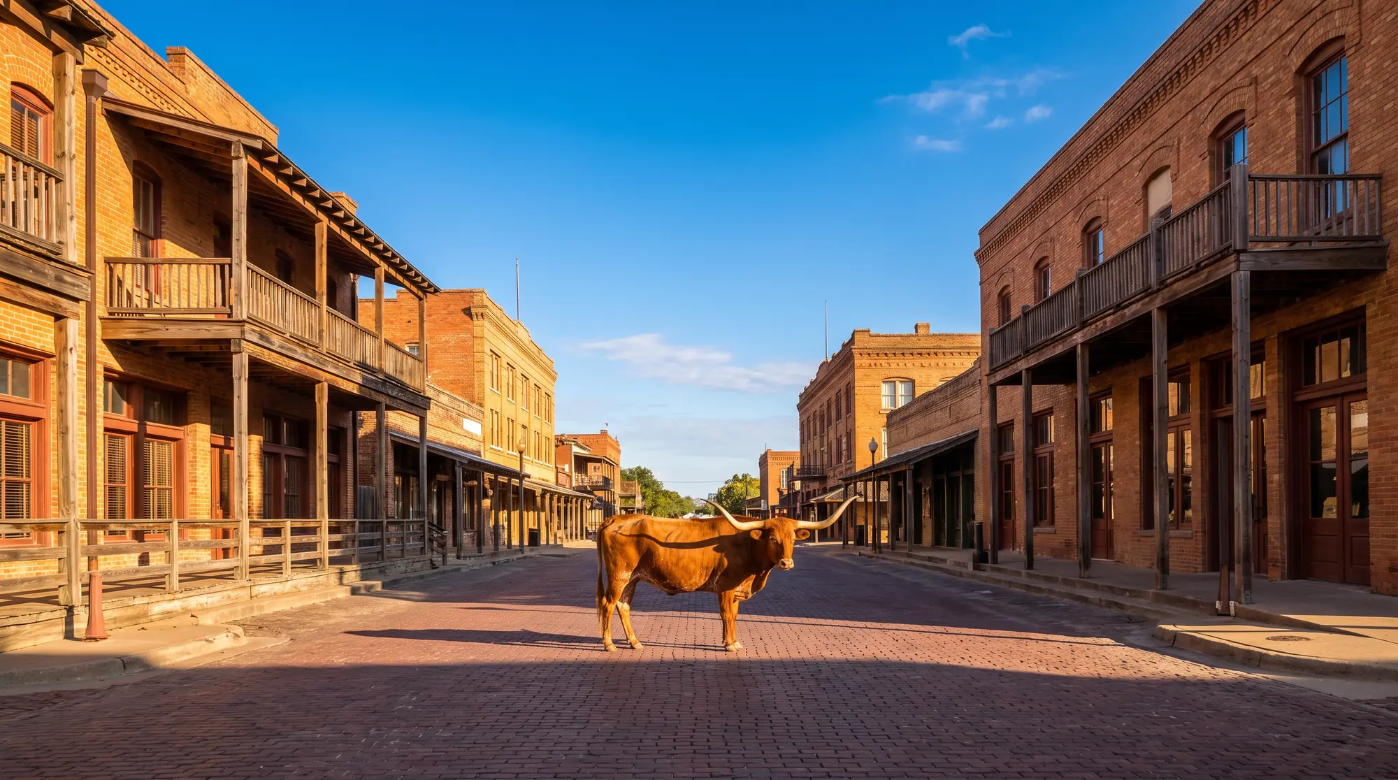 Red brick street in the historic Fort Worth Stockyards with a Texas longhorn on a sunny morning