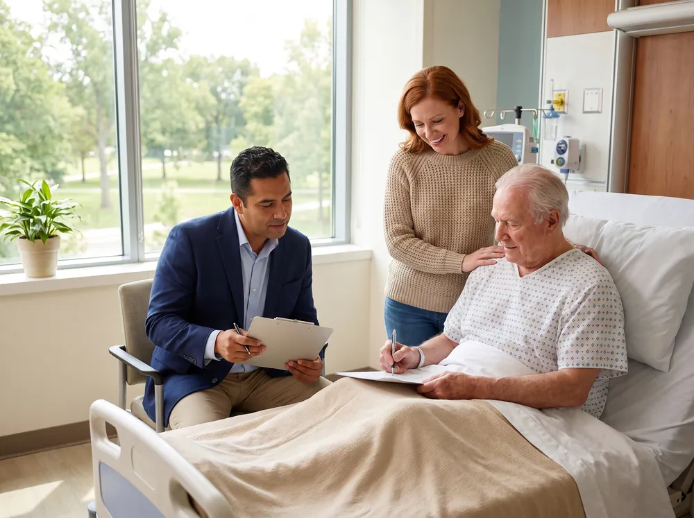 Notary assisting a patient who signs a document in a bright hospital room