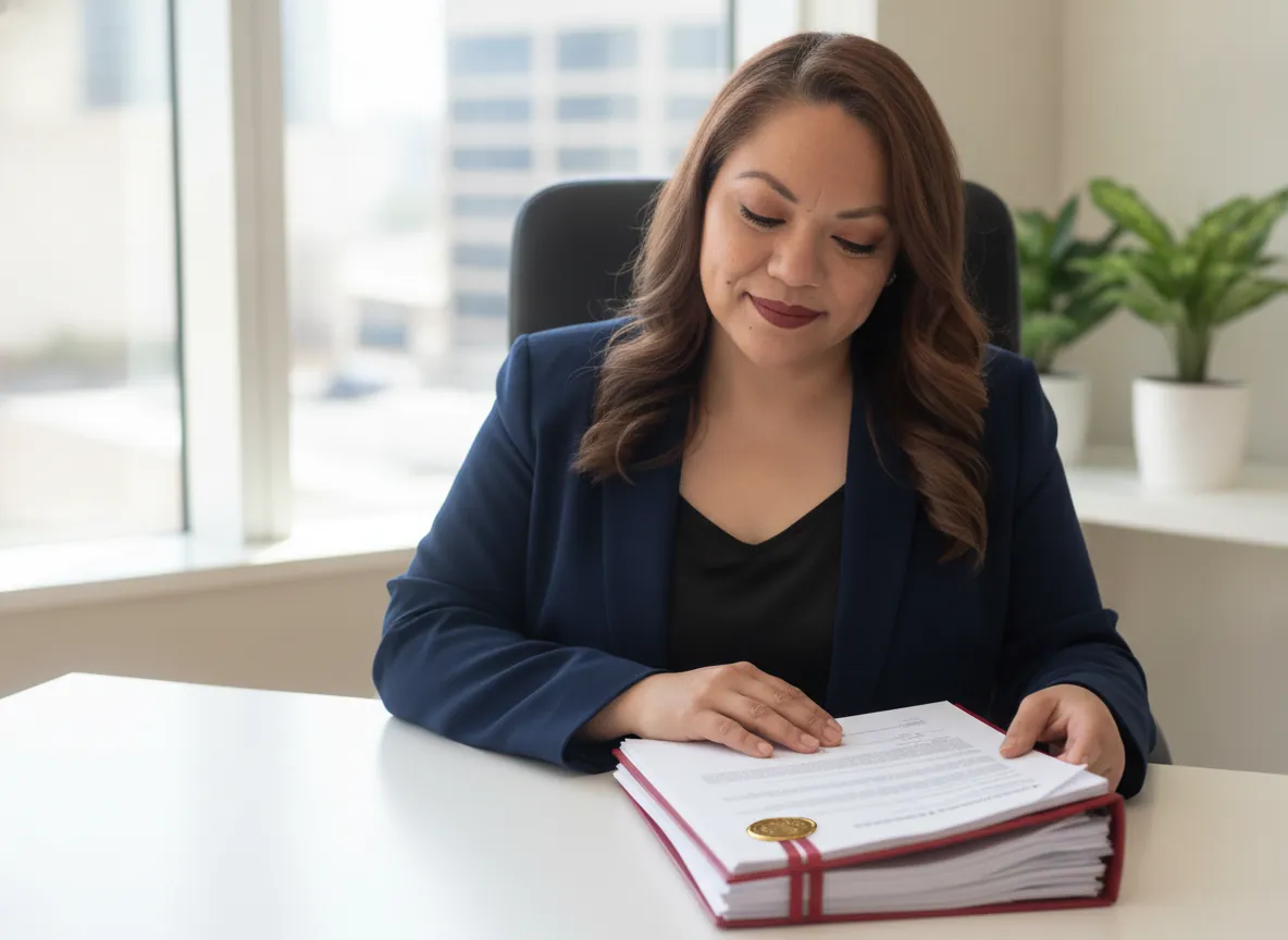 Oralia Perez reviewing official documents with a gold seal at her desk