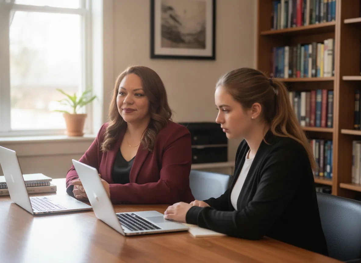 Oralia Perez supervising a student taking an exam on a laptop